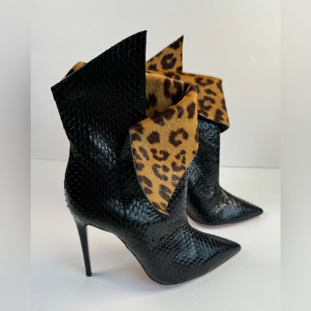 Aquazzura Black Snakeskin Pointed Toe Bootie with Leopard Print Cuff - Picture 8 of 12